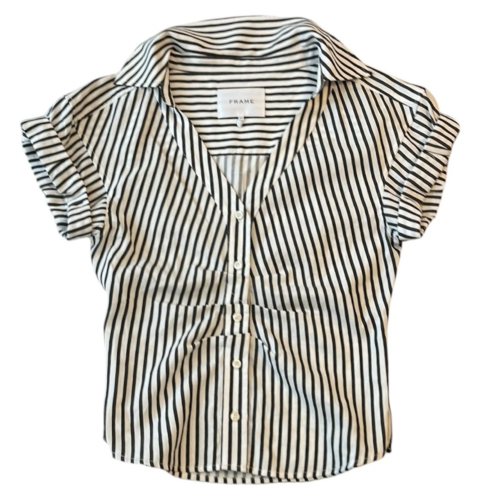 FRAME Classic Striped Button-Down Cuffed Short Sleeve Top, Black/White, SP